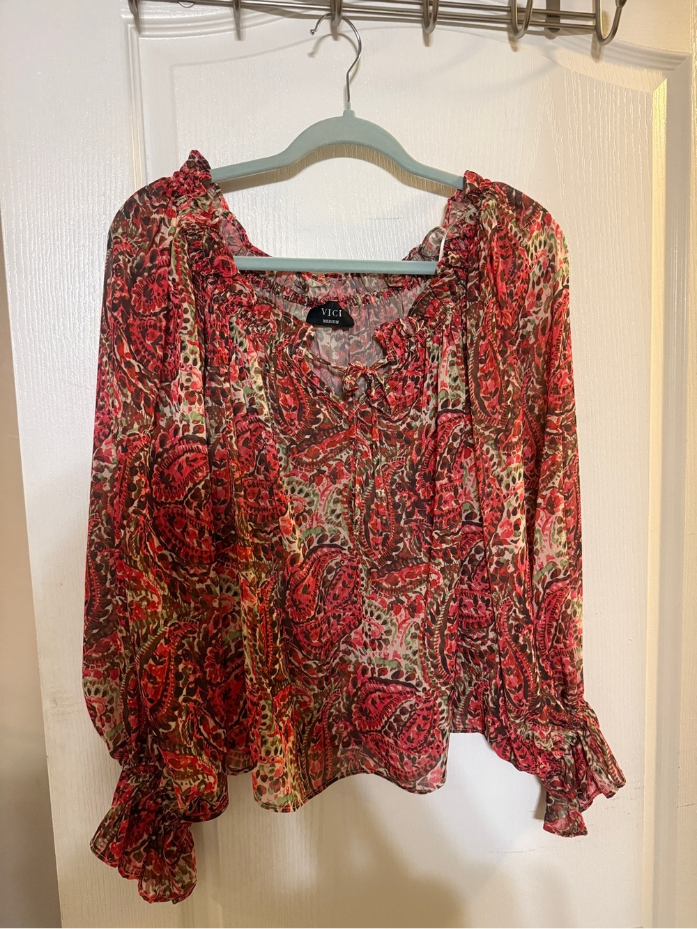 Vici Red Paisley Ruffle Sheer Blouse